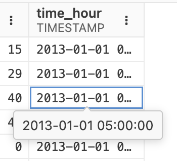 Data explorer cell showing '2013-01-01 0...'. A highlighted row with an expanded view displays '2013-01-01 05:00:00.'