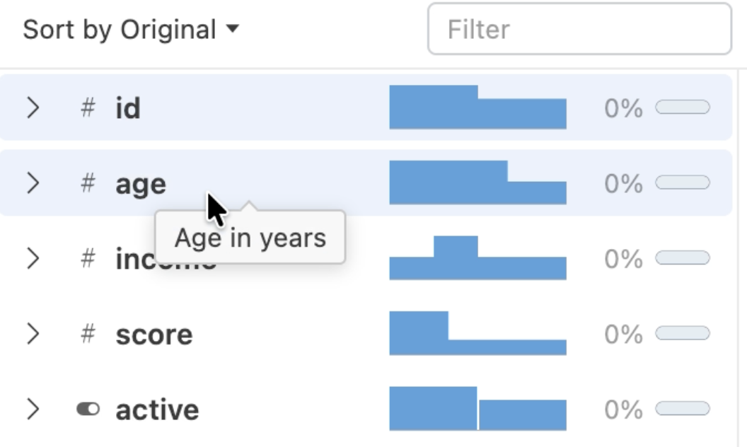 Hovering over column named 'age' in summary panel. Tooltip reads 'Age in years'