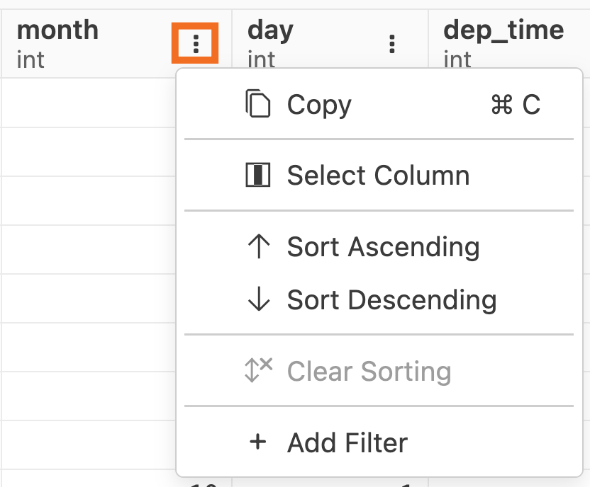Data explorer column dropdown menu open, showing options: Copy, Select Column, Sort Ascending/Descending, Clear Sorting, and Add Filter.