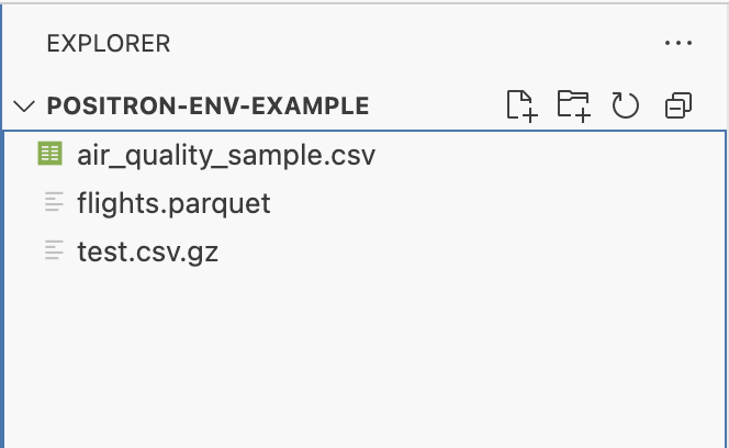 File explorer window showing a directory named 'POSITRON-ENV-EXAMPLE' with three files: 'air_quality_sample.csv,' 'flights.parquet,' and 'test.csv.gz.'