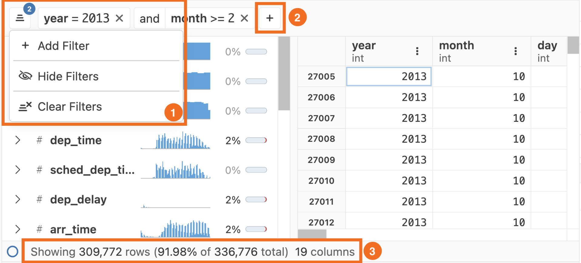 Data explorer with active filters: 'year = 2013' and 'month >= 2.' Displays 309,772 rows of data across 19 columns. Options visible include 'Add Filter,' 'Hide Filters,' and 'Clear Filters.' A summary below indicates a large data set.