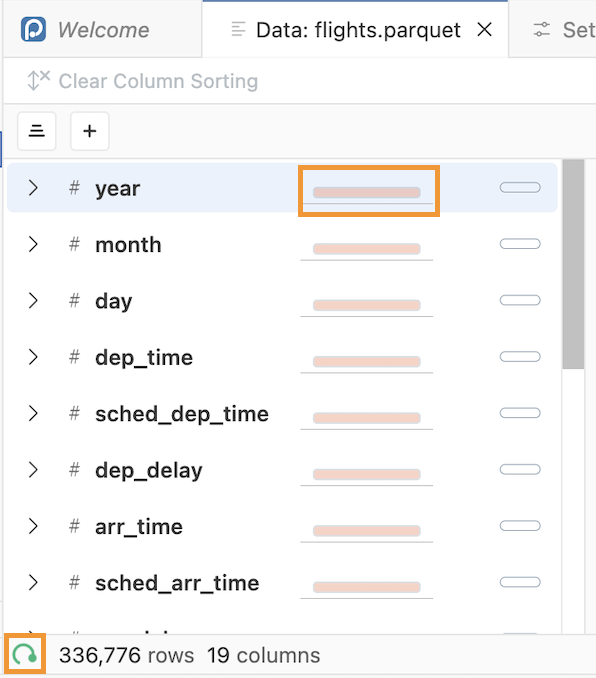 Summary panel showing flight data with columns like year, month, and day. A red, rectangular bar icon is highlighted in the 'year' column header, signaling loading. In the bottom status bar, a green loading indicator icon is highlighted.