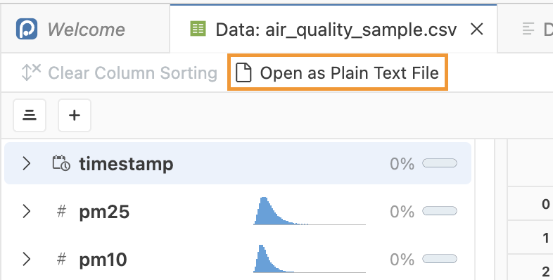 Data explorer editor tab showing a file named 'air_quality_sample.csv.' An option to 'Open as Plain Text File' is highlighted in orange below file name.