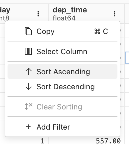 Dropdown menu for data column shows options: Copy, Select Column, Sort Ascending, Sort Descending, Clear Sorting, and Add Filter.