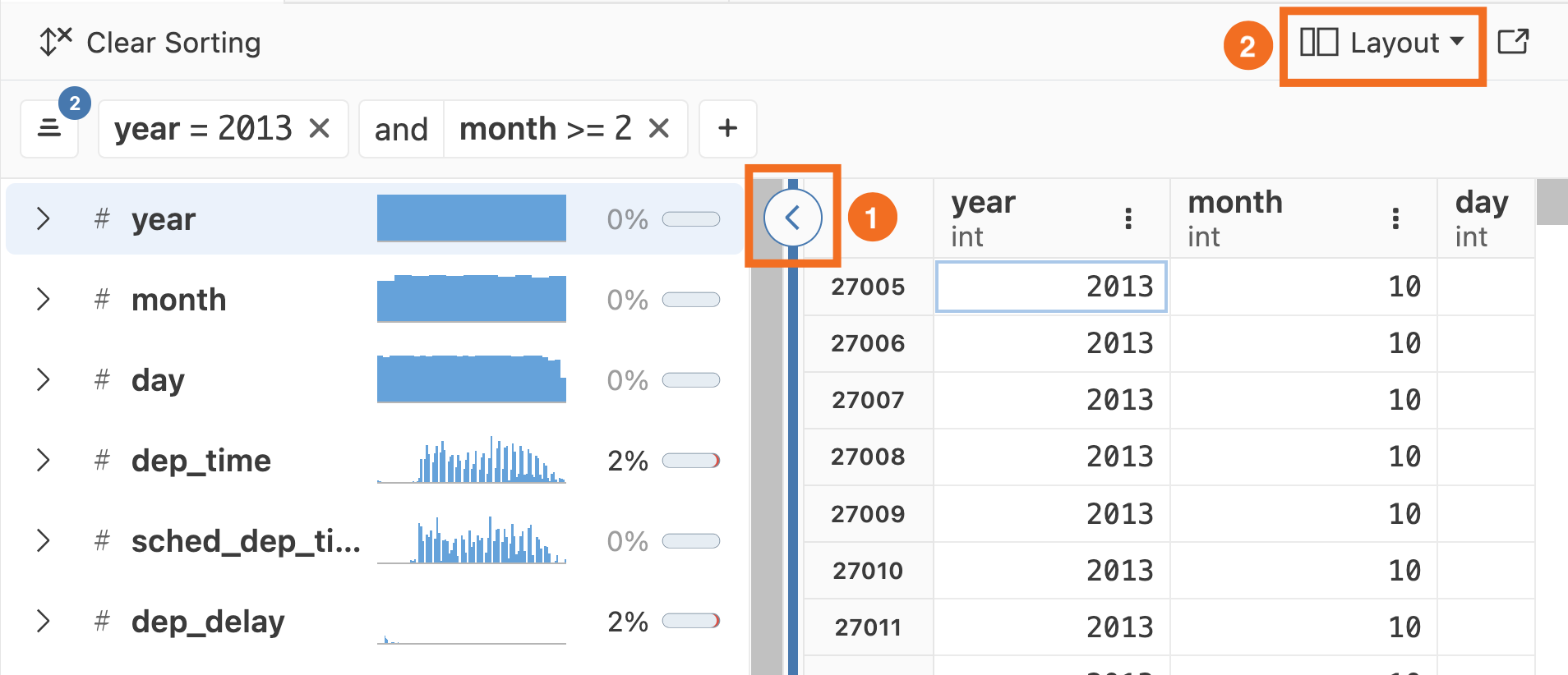 Data explorer showing filters for year 2013 and month 2 or later. The boundary between summary panel and data grid is highlighted, with a box around an arrow button pointing towards the summary panel. Layout options are highlighted.